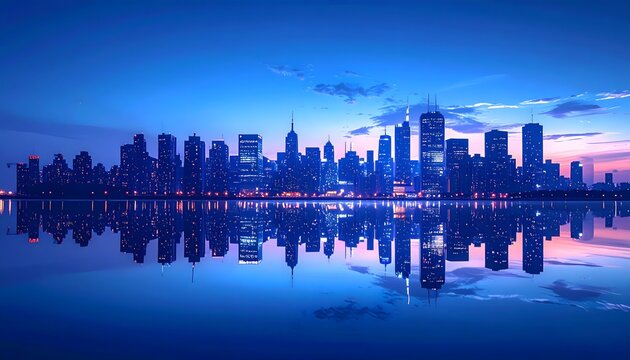 Panor&aacute;mica de skyline urbano al anochecer con reflejo sim&eacute;trico en el agua