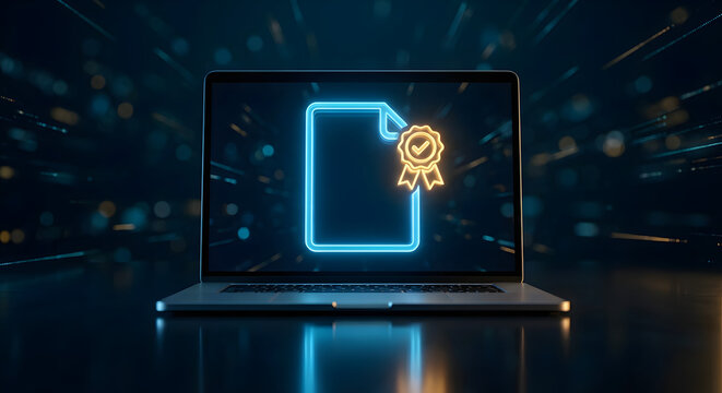 laptop screen displaying glowing neon digital certificate icon with gold seal and checkmark on dark blue motion blur background for online education and security concept
