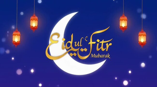 Eidul Fitr Mubarak celebration with crescent moon and lanterns