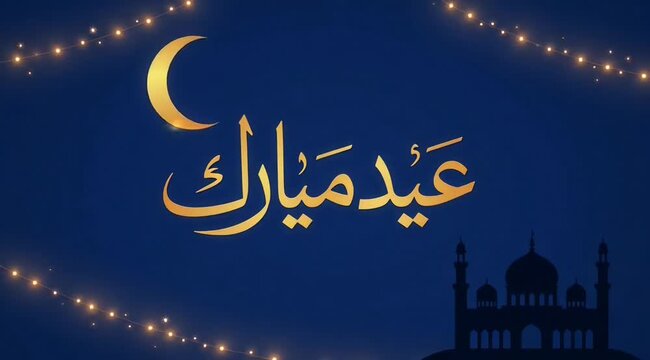 Eid Mubarak greeting with crescent moon and lights