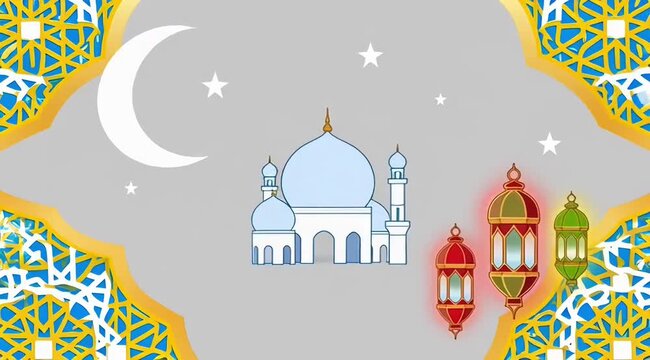 Vibrant Islamic pattern with mosque and lanterns for cultural celebrations