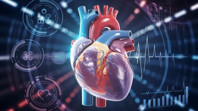 Human heart model beating with digital medical dashboard including heartbeat sensors and futuristic graphics