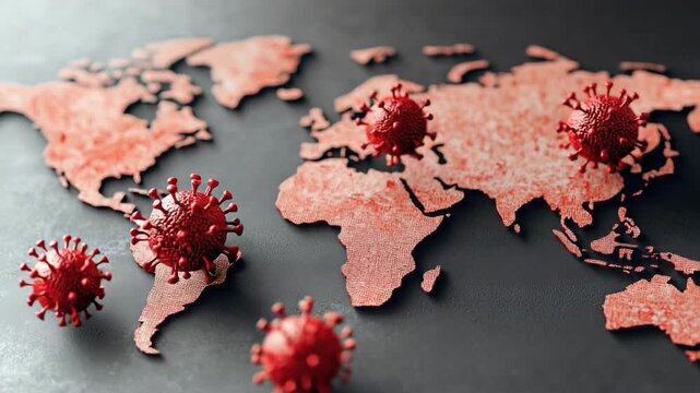Covid-19 global spread concept with virus models on world map