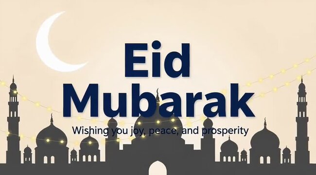Eid Mubarak celebration with mosque silhouette and festive lights