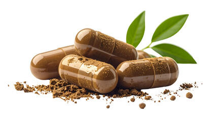 Close-up of capsules with leaf sprig and ground supplement, black background