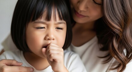 Mother caring sick daughter Flu season hug with comfort, health, and and family bond.
