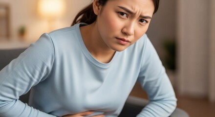 Gutwrenching Pain Young Asian Woman Suffering Abdominal Discomfort At Home.