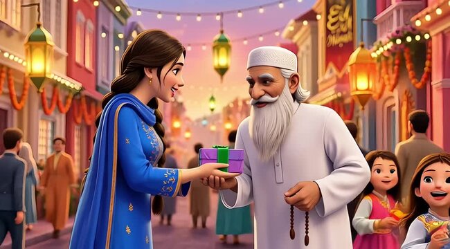 Vibrant Eid Mubarak street celebration with colorful decorations and food stalls