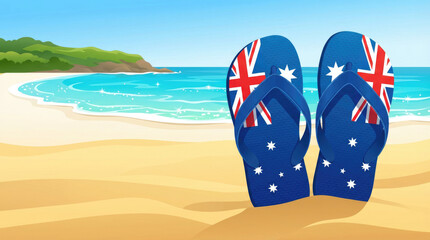 Naklejka premium Australia day independance day flip flops with the australian flag design sit on a sandy beach near turquoise water and an island