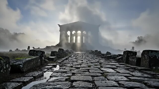 Ancient temple ruins with classic architecture silhouetted by sun rays through dramatic mist and clouds at day. Cobblestone path leads to majestic structure.