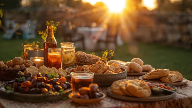 Outdoor rustic dining table with bread, fruit, jars and bottle in warm sunset light