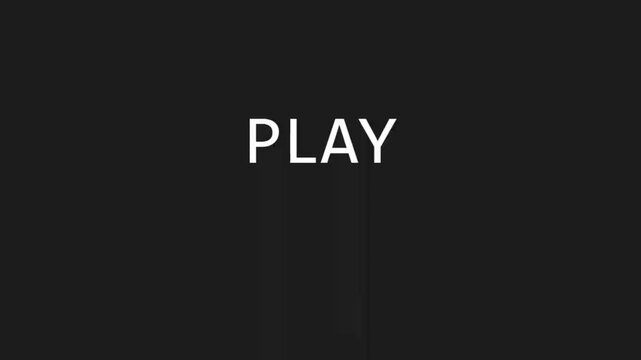 Minimalist play button animation, white text on black background, clean motion graphic for video interface, digital start icon for media player