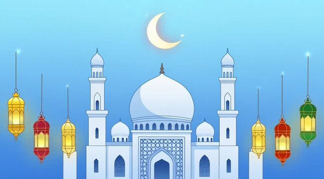 Beautiful mosque with colorful lanterns under crescent moon