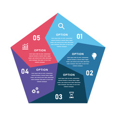 Pentagon Shaped Five Option Business Infographic with Numbered Sections, Icons, and Color Blocks for Workflow, Strategy, and Presentation Design