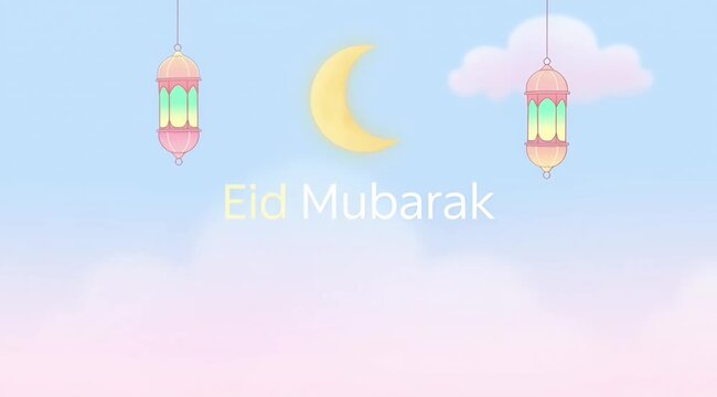 Eid Mubarak celebration with lanterns and crescent moon in sky