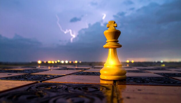 Transparent glowing king chess piece struck by lightning on outdoor board, symbolizing power, strategy, dominance, and dramatic tension.