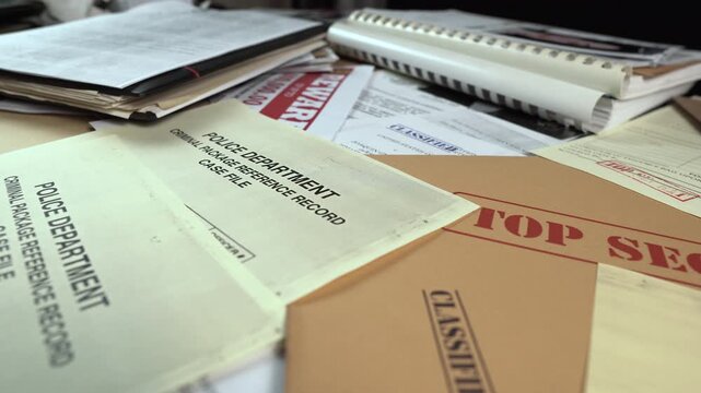 Desk of Special Agent Full of Top Secret Classified Documents and Reports, Close Up