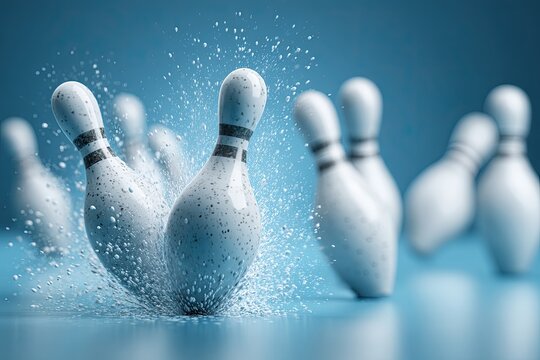 Bowling pins exploding with water droplets after a powerful strike, capturing dynamic motion and sport excitement