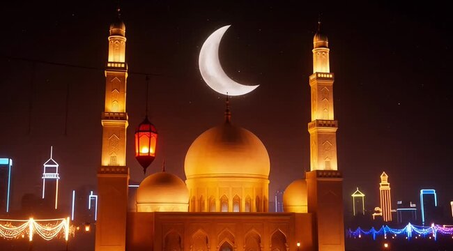 Beautiful mosque illuminated at night with crescent moon