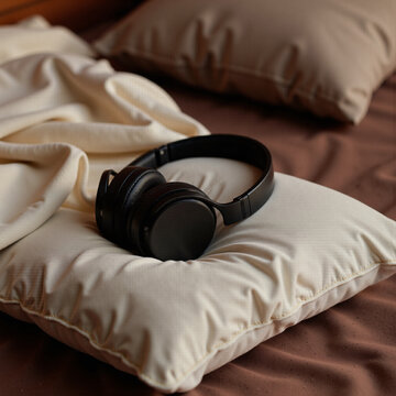 Headphones resting on a pillow with soft bedding and blankets  