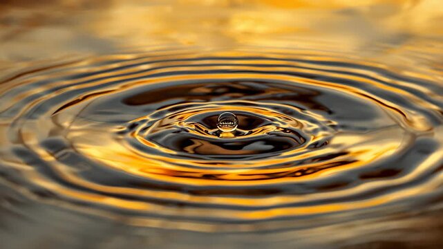 Golden water ripple forming concentric circles on reflective liquid surface closeup