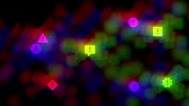 Rainbow notification elements with side effects.  Bright exclamation marks and floating animation. Neon warning symbols animation.
