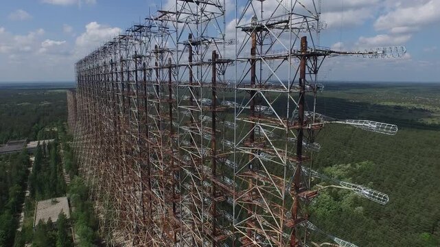 Aerial view of the massive Duga radar array near Chernobyl, Ukraine. A relic of the Cold War era.