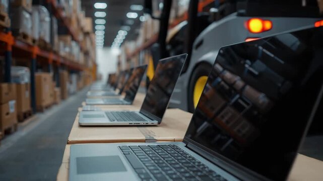 Row of open laptops on wooden tables inside warehouse with shelves of boxes in background