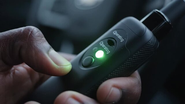Hand of person pressing button on alcohol ignition interlock device with indicator light transition from yellow to green color, close-up view