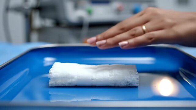 Hand placing sterile white gauze roll into blue surgical tray, preparation for medical procedure, hospital environment