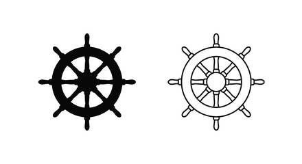 Fototapeta premium Two ship wheels are displayed in black fill and outline styles