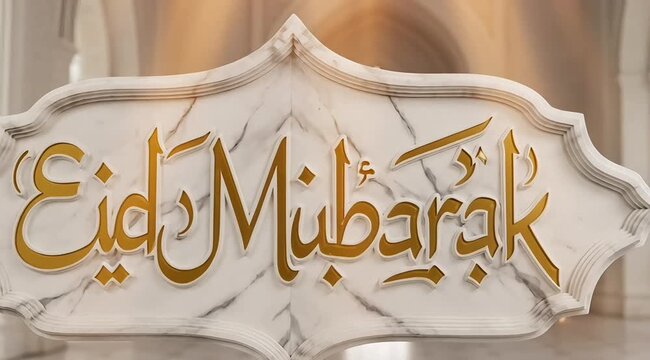 Eid Mubarak celebration sign in elegant marble with golden Arabic calligraphy
