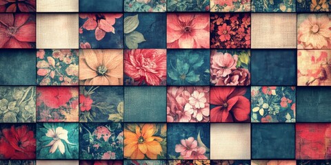Colorful floral patchwork design featuring various flower patterns and textures, creating a vibrant and artistic backdrop for creative projects and visual storytelling