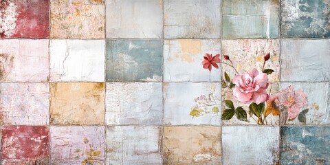 Colorful floral patchwork design featuring various flower patterns and textures, creating a vibrant and artistic backdrop for creative projects and visual storytelling