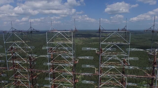 Aerial view of the massive Duga radar array, a relic of the Cold War near Chernobyl, Ukraine.