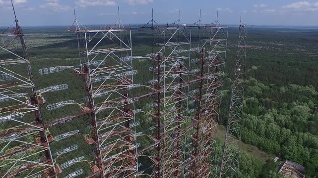 Aerial view of the massive Duga radar array, a relic of the Cold War in the Chernobyl Exclusion Zone.