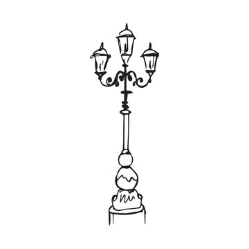 Hand drawn vintage street lamp sketch, ornate cast iron lamppost with three lanterns, decorative scrolls, European city light, line art black ink isolated on white