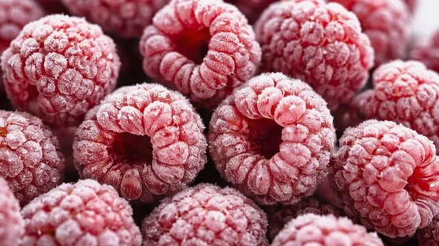 Frozen raspberries covered with frost in close up showing fresh winter organic fruit texture macros