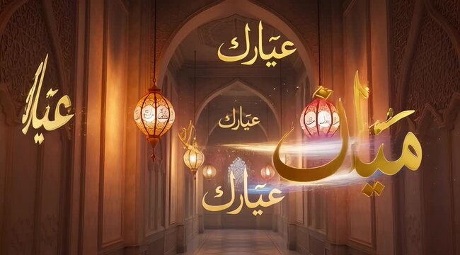 Ornate Middle Eastern hallway with colorful hanging lanterns and Arabic calligraphy