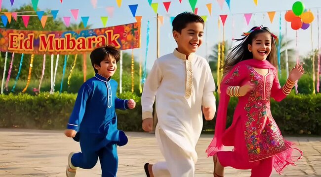 Happy children running together at colorful outdoor celebration