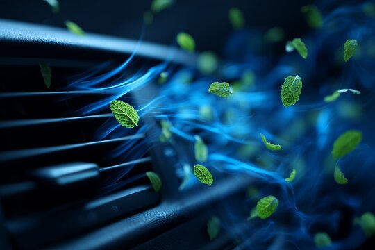 Close-up of car AC vent blowing stylized blue air, carrying fresh green mint leaves in a dark interior, concept for aromatherapy advertising, natural air fresheners and vehicle deodorization products