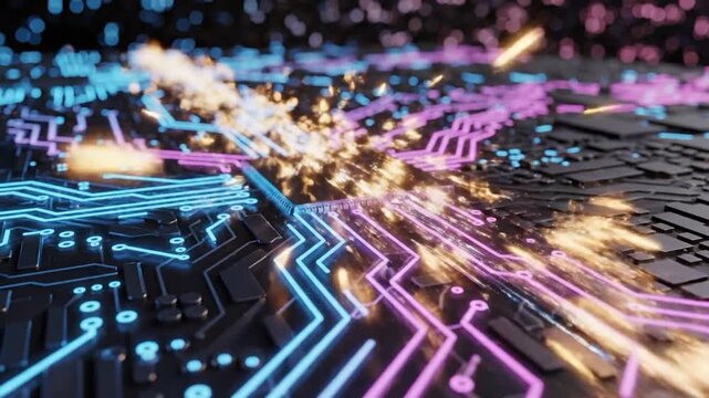 Animation of a CPU overloading and exploding on a circuit board.