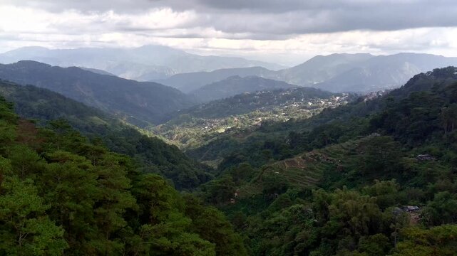 Aerial Landscape of Baguio's Cordillera Mountains, Forests, Rice Terraces, and Valleys