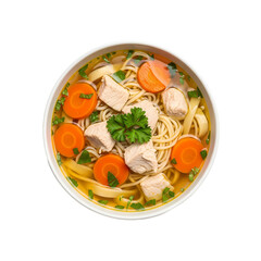 温かい鶏肉麺、人参入り、美味しいスープ