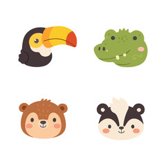 Fototapeta premium Adorable vector illustration featuring four cute animal faces: a toucan, crocodile, bear, and skunk. Perfect for children's designs, educational materials, and playful themes.