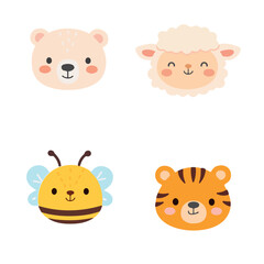 Obraz premium Collection of adorable cartoon animal faces featuring a bear, sheep, bee, and tiger in a simple vector style. Perfect for children's designs, educational materials