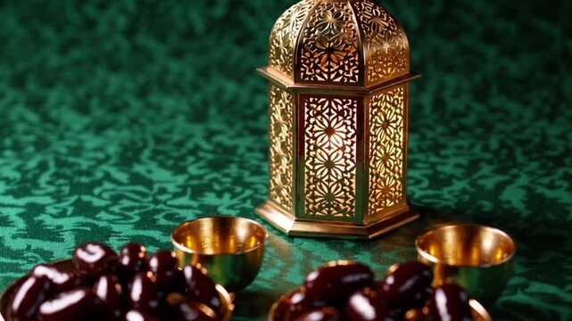 Ramadan or Eid Celebration Arrangement with Dates, Golden Lanterns, and Cups on a Green Surface
