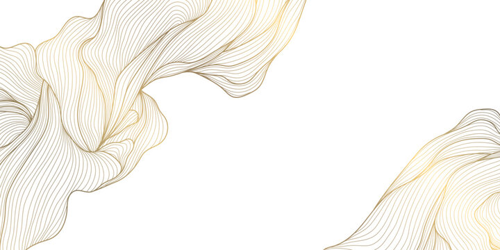 Elegant gold line pattern with abstract waves, delicate floral leaves on white. Luxury vector background illustration, Japanese ornament, art deco style, wedding card, wine label, premium packaging