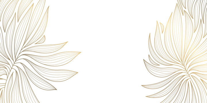 Elegant gold line pattern with abstract waves, delicate floral leaves on white. Luxury vector background illustration, Japanese ornament, art deco style, wedding card, wine label, premium packaging