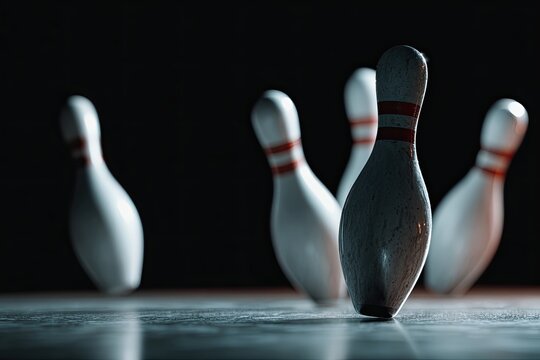 Bowling pins toppling in dramatic slow-motion action, capturing the intensity of a perfect strike